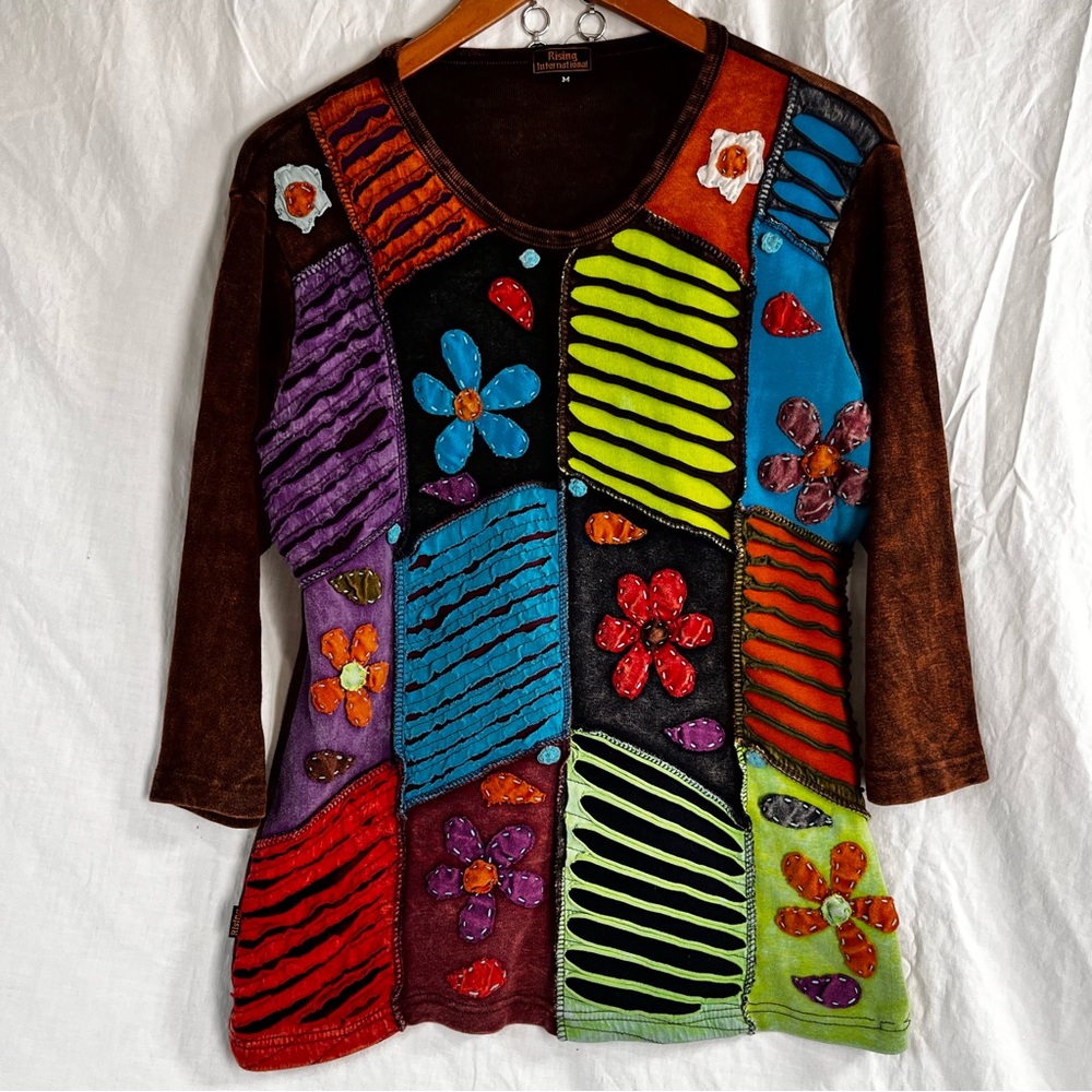 Rising International Hippie Boho Patchwork Shirt Women Medium Embroidered Flower - Picture 11 of 16